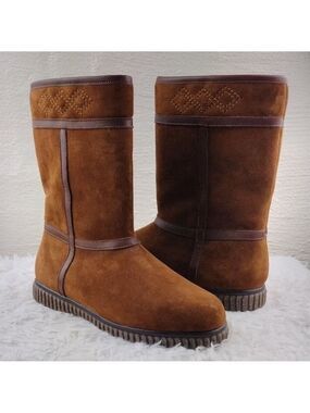 Bass Brown Suede Leather Faux Fur Almond Toe Pull On Mid Calf Waterproof Boot
